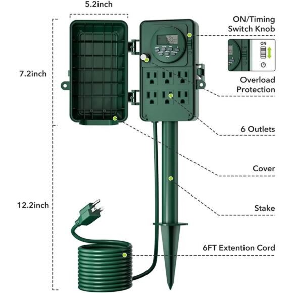 7 Day Heavy Duty Outdoor Digital Stake Timer, 6 Outlets, Weatherproof - Picture 2 of 7